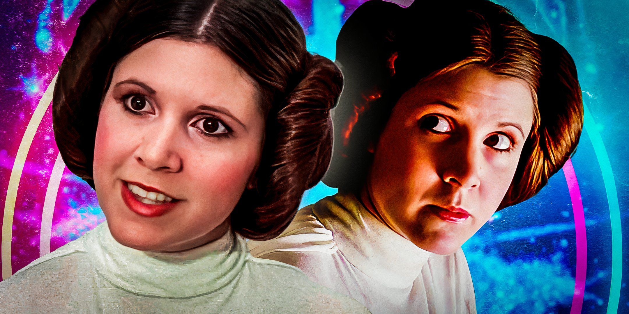 Carrie Fisher's Princess Leia Organa in her iconic A New Hope buns and white dress, edited together over a dynamic background