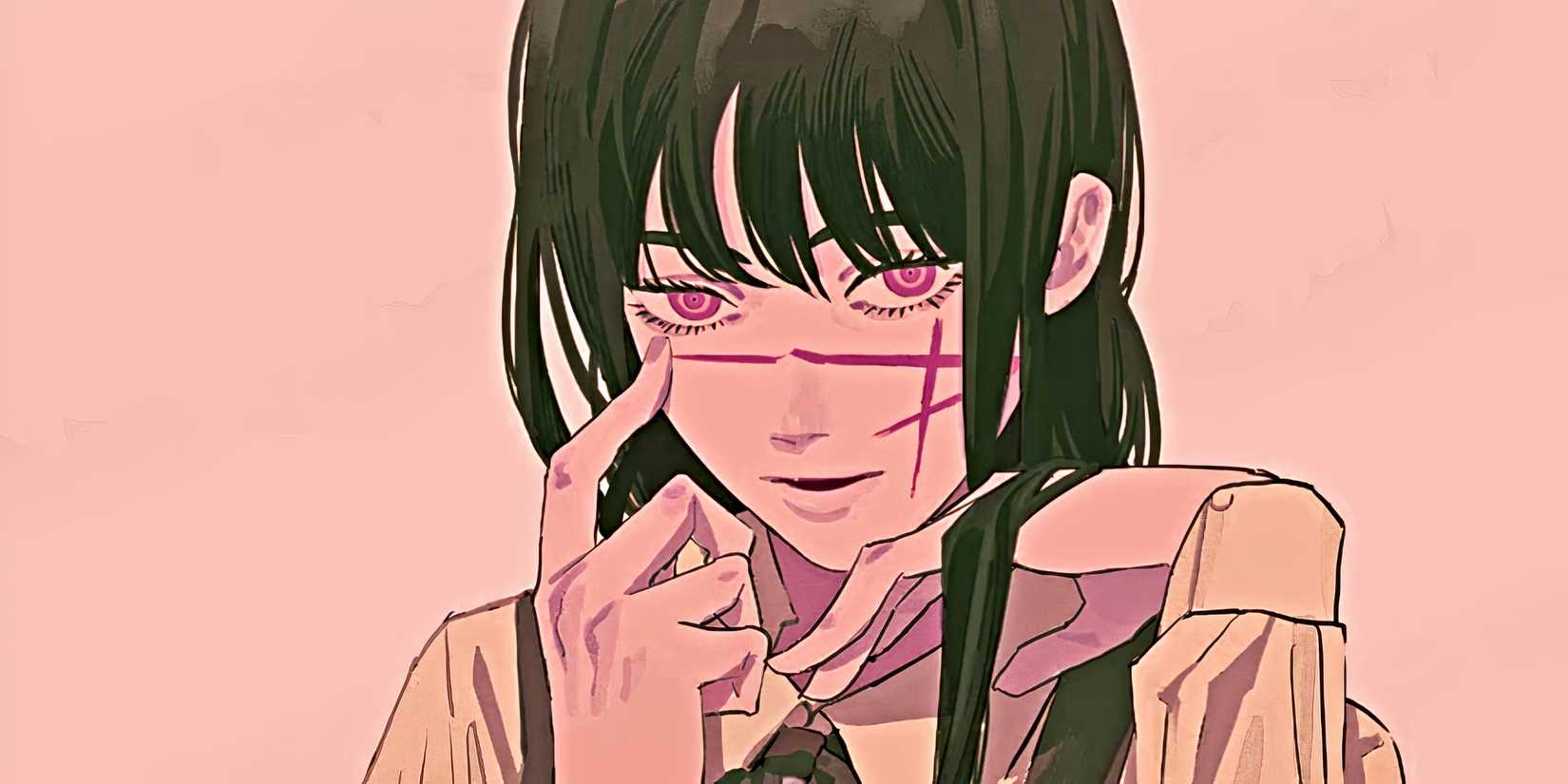 Chainsaw Man's Yoru, the War Devil, touching the scar running across her face.