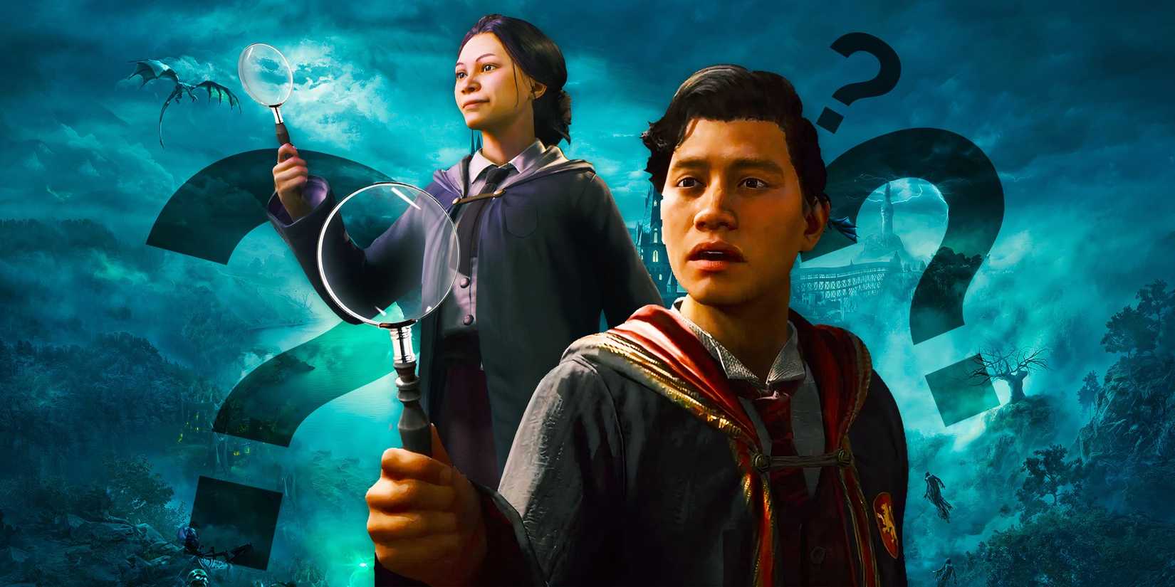 Eine männliche und eine weibliche Figur aus Hogwarts Legacy halten Lupen mit riesigen Fragezeichen dahinter.
