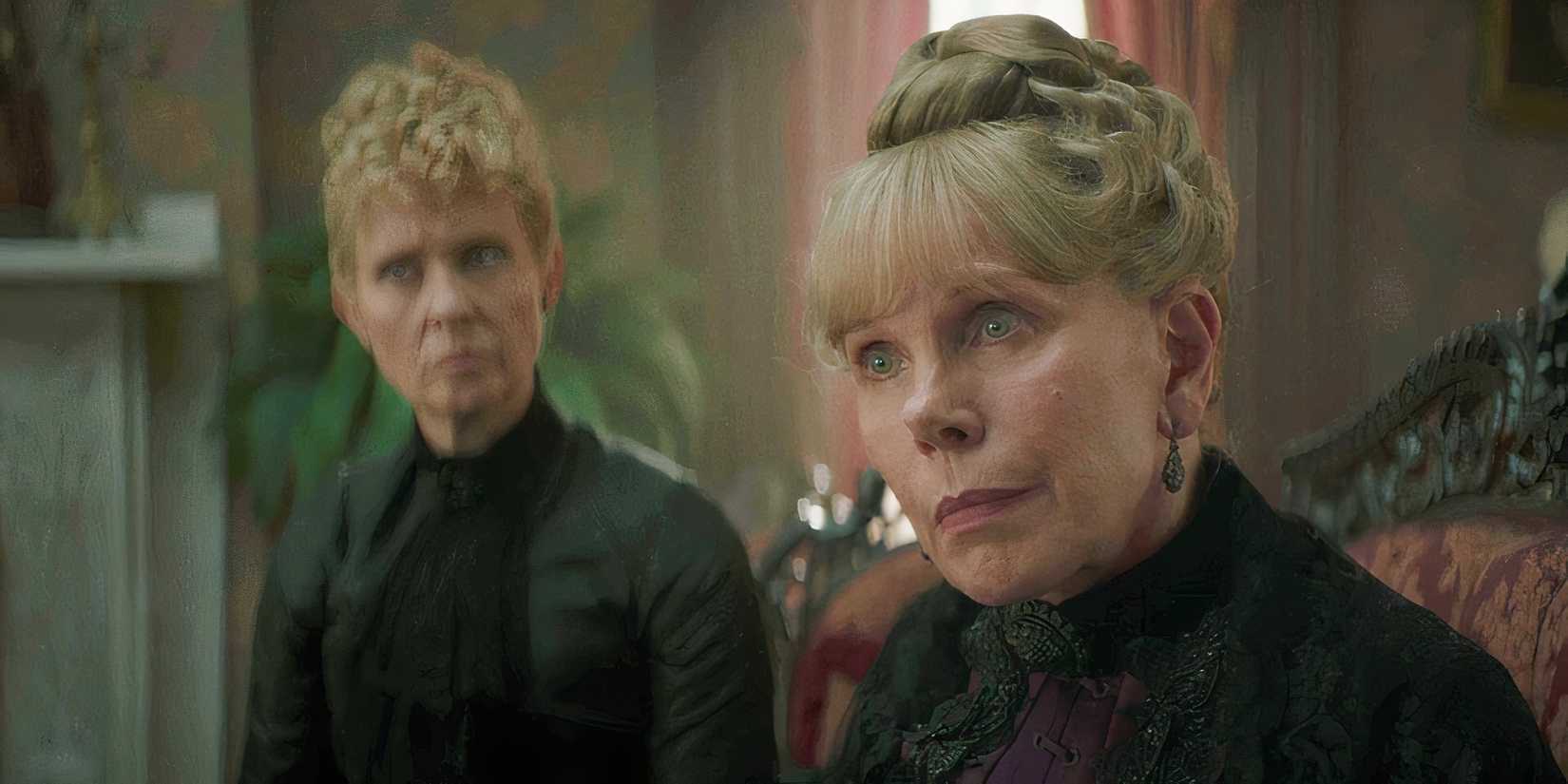 Christine Baranski and Cynthia Nixon sitting together in The Gilded Age season 3