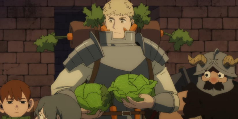 Chulchank, Laios and Senji collecting vegetables in Delicious in Dungeon