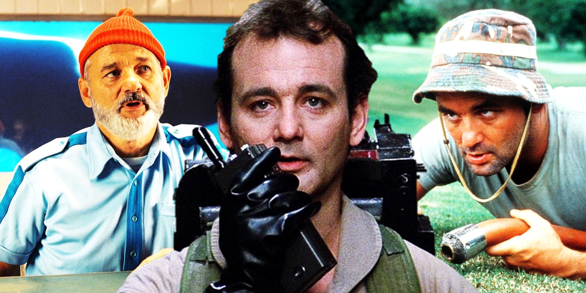 Collage of Bill Murray in The Life Aquatic, Ghostbusters, and Caddyshack