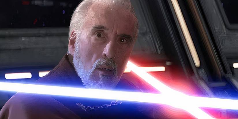 Count Dooku (Christopher Lee) in a lightsaber battle in Star Wars Revenge of the Sith
