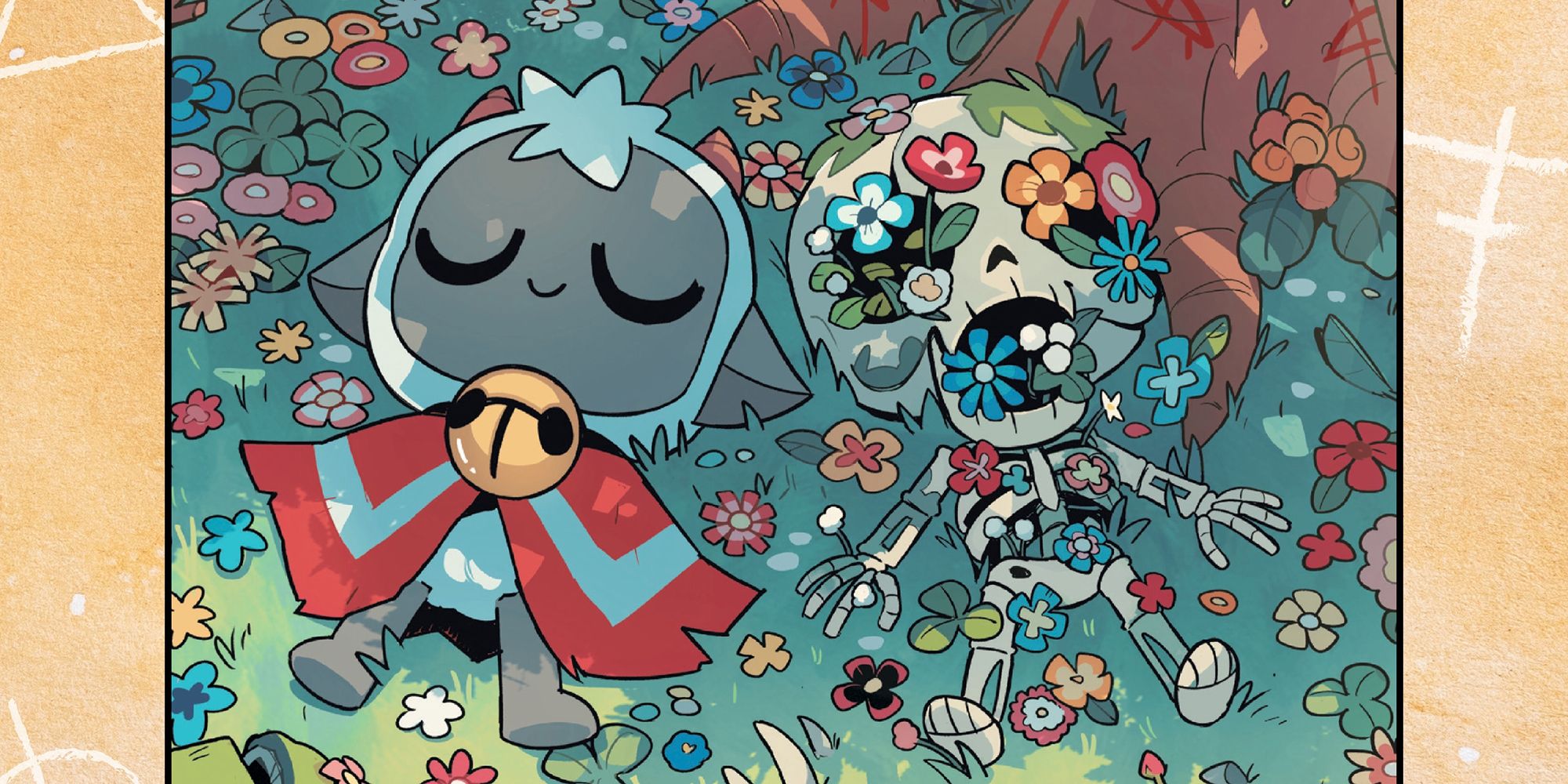 The Lamb and a skeleton lie together in a field of flowers. Lamb is content, and flowers grow from the corpse.