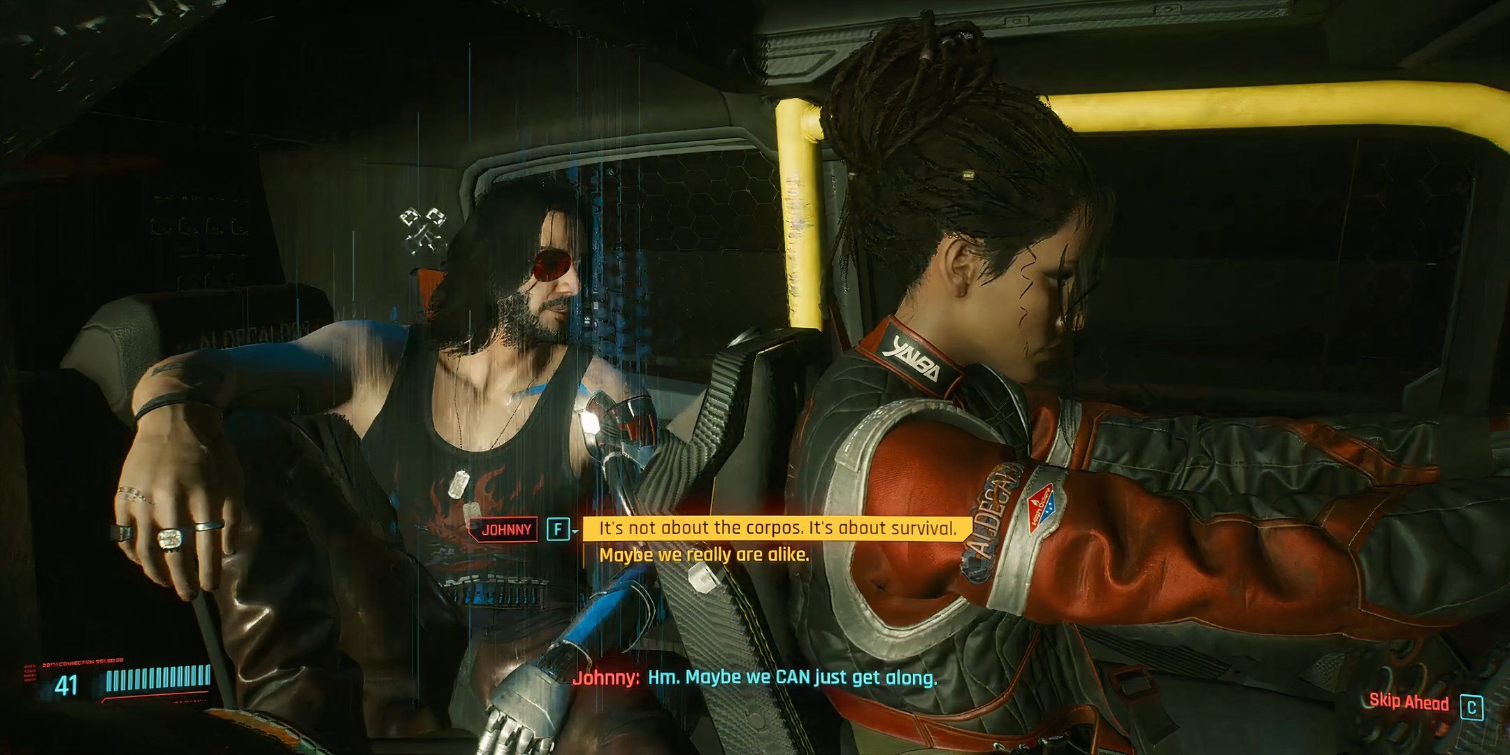 Johnny Silverhand sat at the back of Panam's car talking to V while Panam drives in Cyberpunk 2077. 