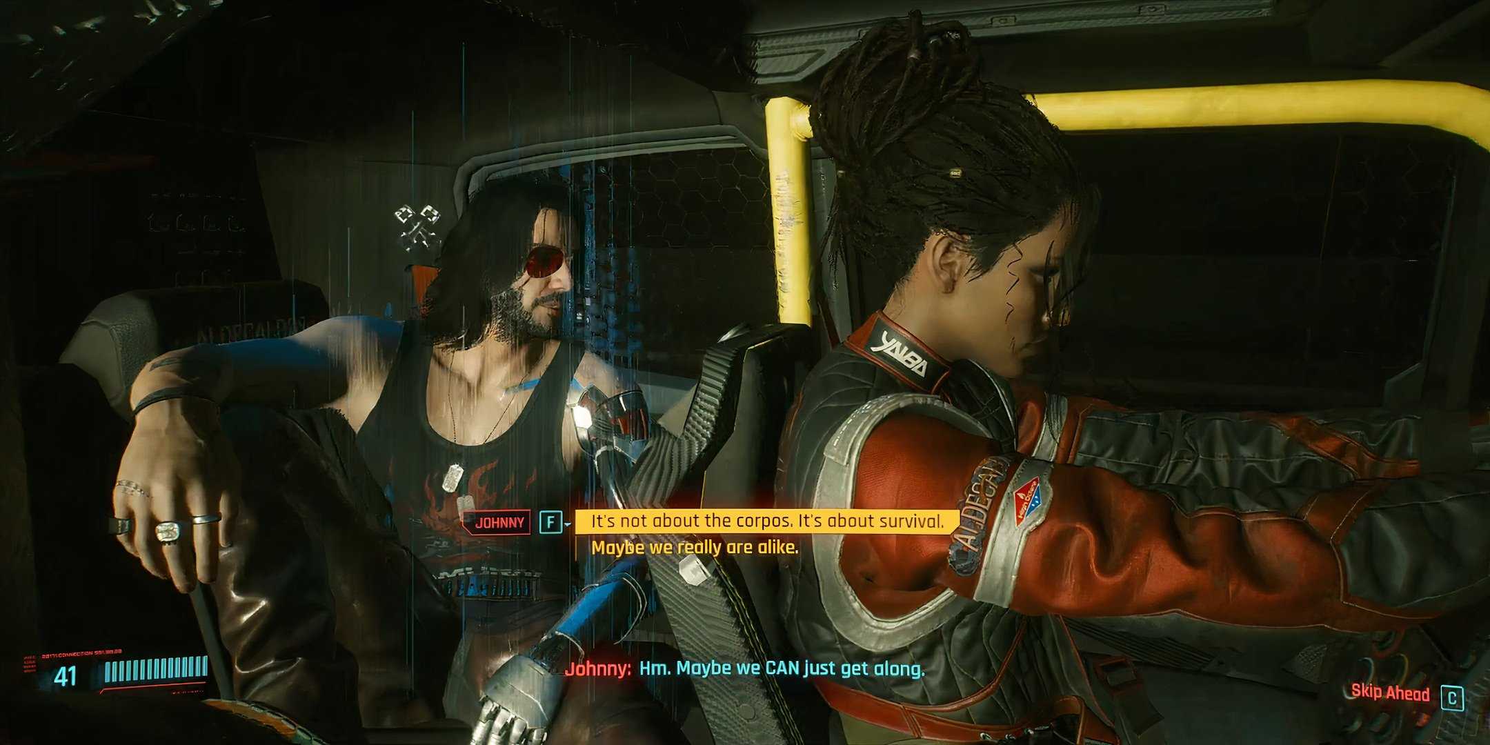 Johnny Silverhand sat at the back of Panam's car talking to V while Panam drives in Cyberpunk 2077.