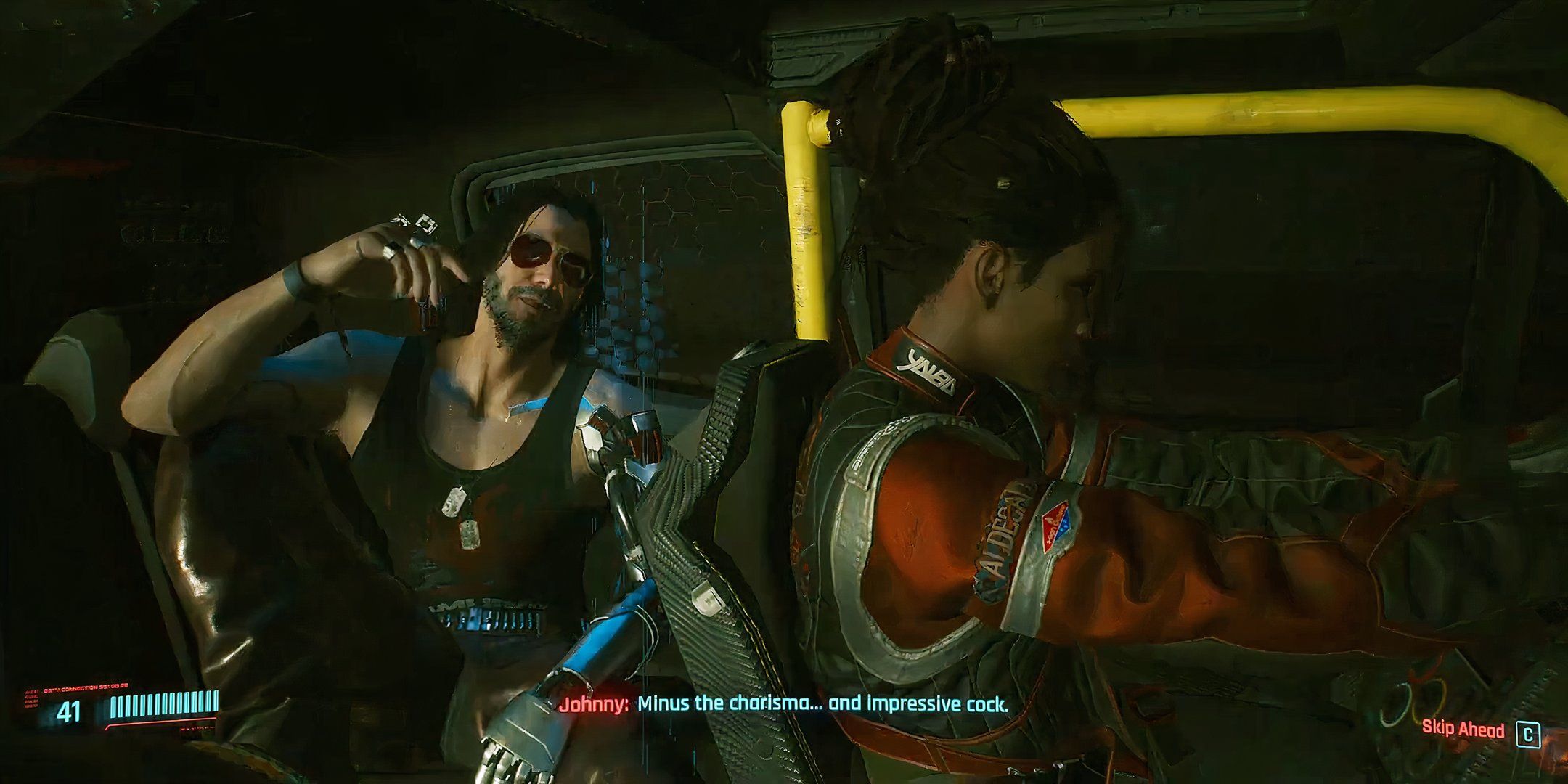 Johnny Silverhand sat at the back of Panam's car in Cyberpunk 2077.
