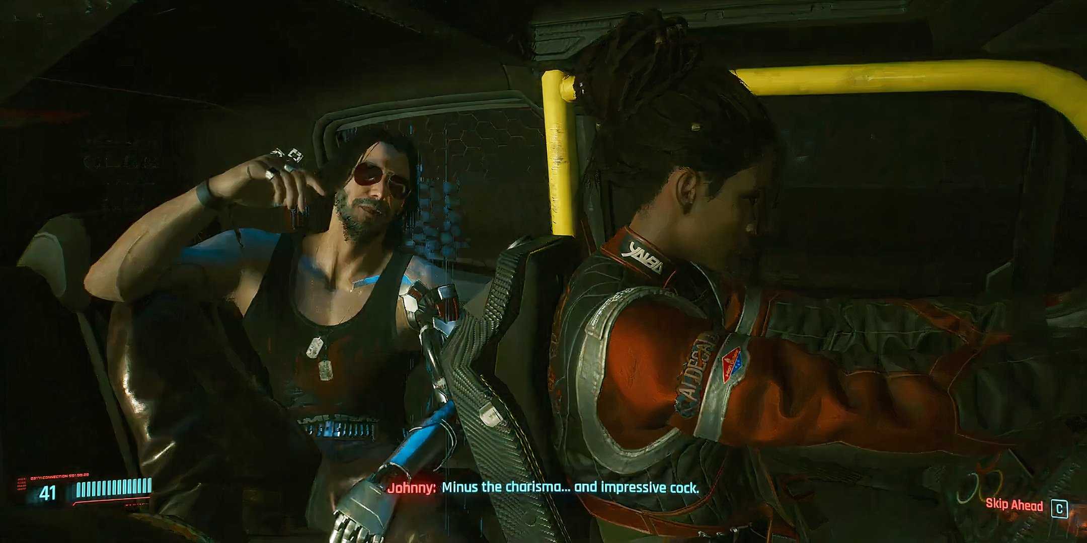 Johnny Silverhand sat at the back of Panam's car in Cyberpunk 2077.