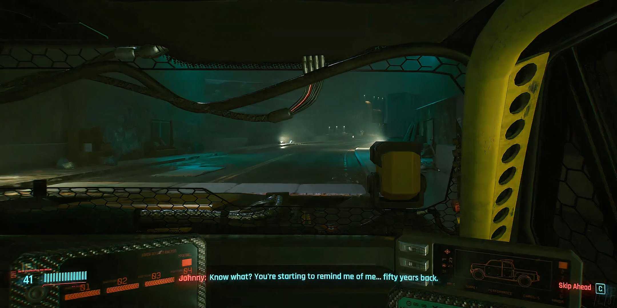 V looking out of the front of Panam's car while Johnny Silverhand talks to him in Cyberpunk 2077.