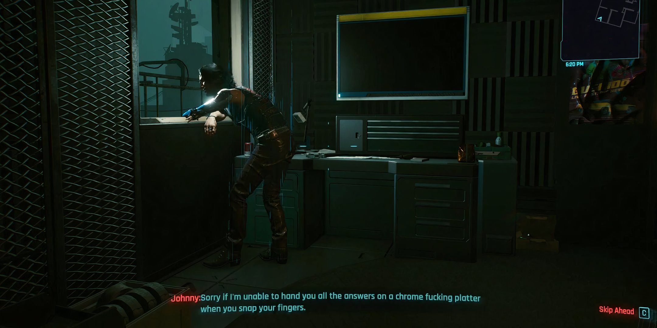 Johnny leaning on a windowsill in Judy's apartment talking to V in Cyberpunk 2077.