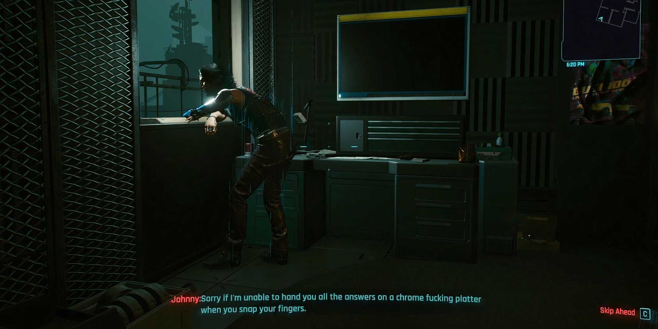 Johnny leaning on a windowsill in Judy's apartment talking to V in Cyberpunk 2077.