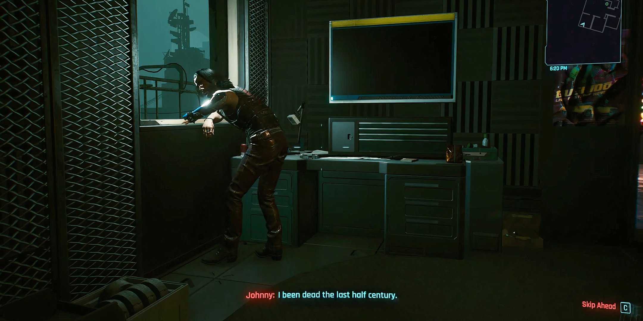 Johnny Silverhand looking at V in Judy's apartment in Cyberpunk 2077.