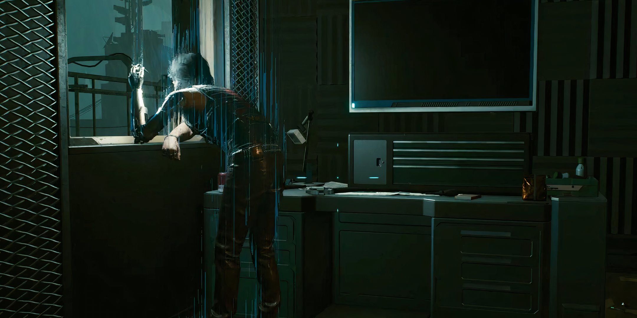 Johnny Silverhand smoking in Judy's apartment while leaning on a windowsill in Cyberpunk 2077.