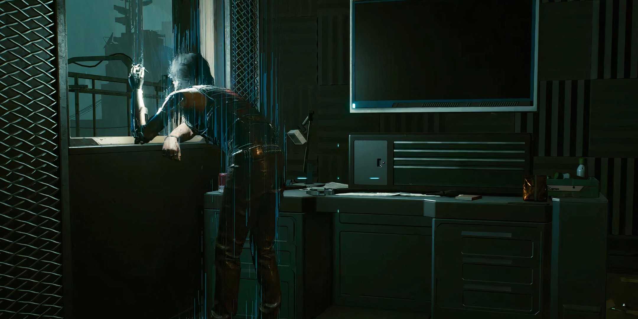 Johnny Silverhand smoking in Judy's apartment while leaning on a windowsill in Cyberpunk 2077.