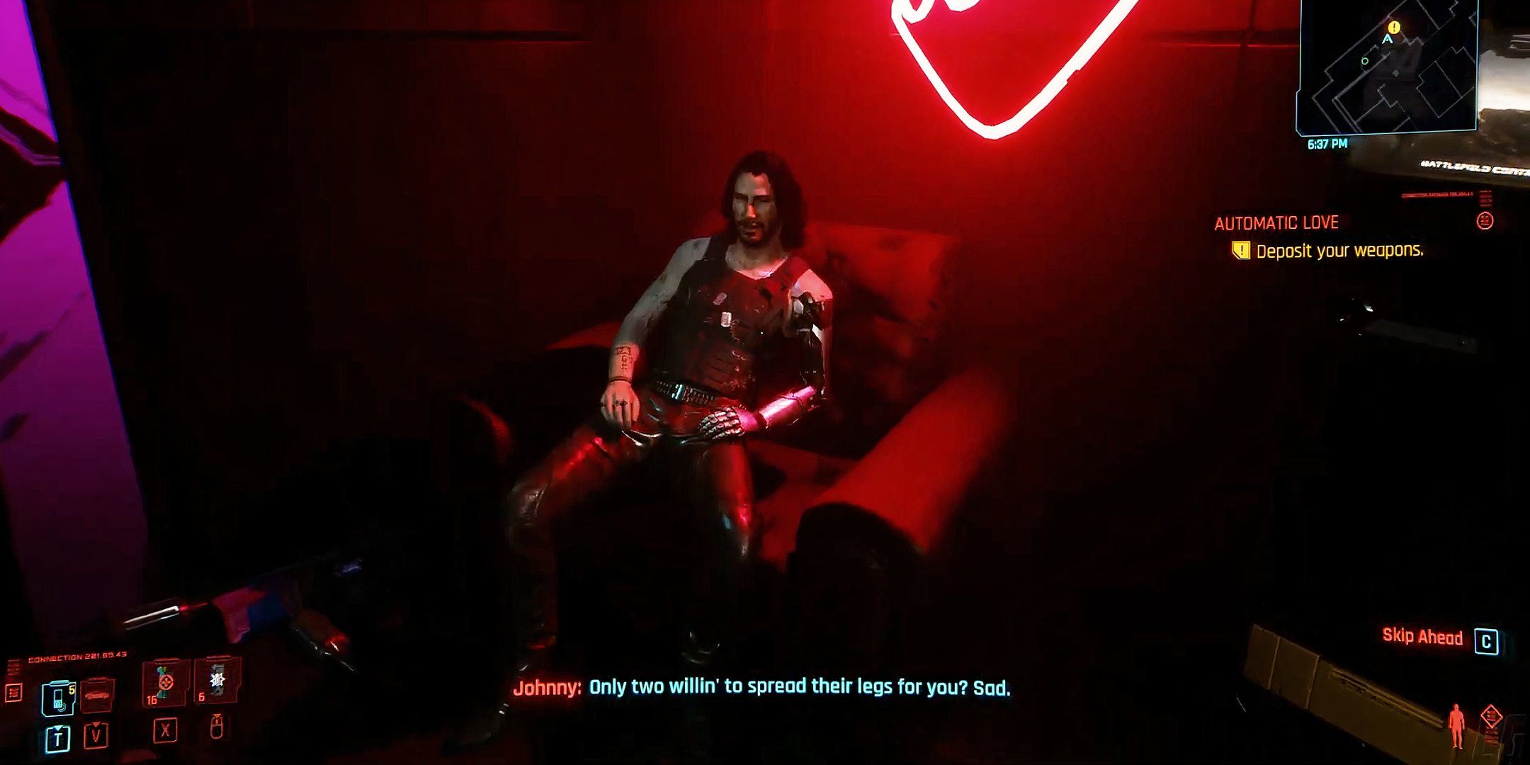 Johnny Silverhand sat down teasing V in Clouds in Cyberpunk 2077.