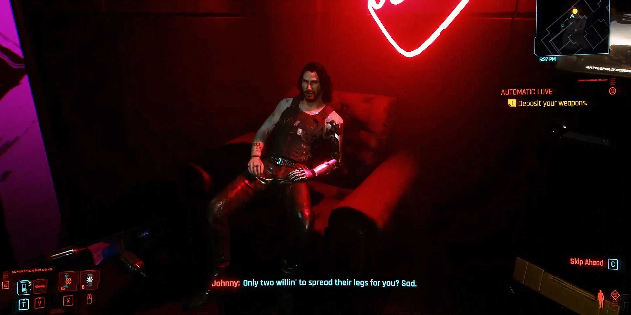 Johnny Silverhand sat down teasing V in Clouds in Cyberpunk 2077.
