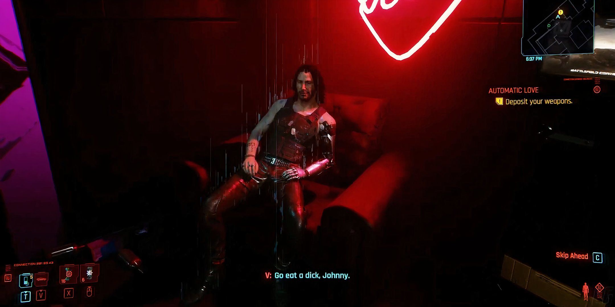 V talking to Johnny Silverhand in Cyberpunk 2077 in Clouds.