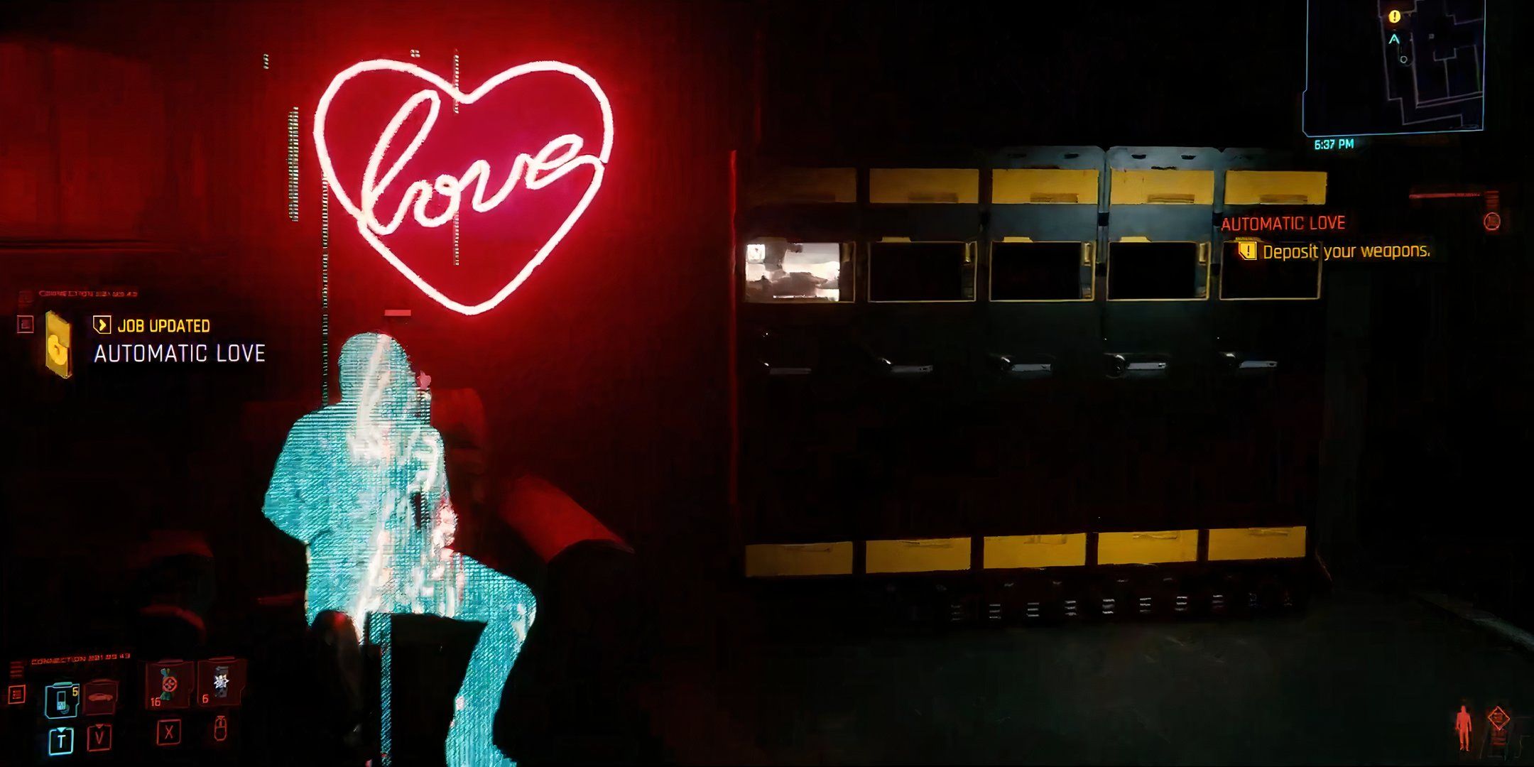 Johnny Silverhand appearing on an armchair with a Love sign behind him in Clouds in Cyberpunk 2077.
