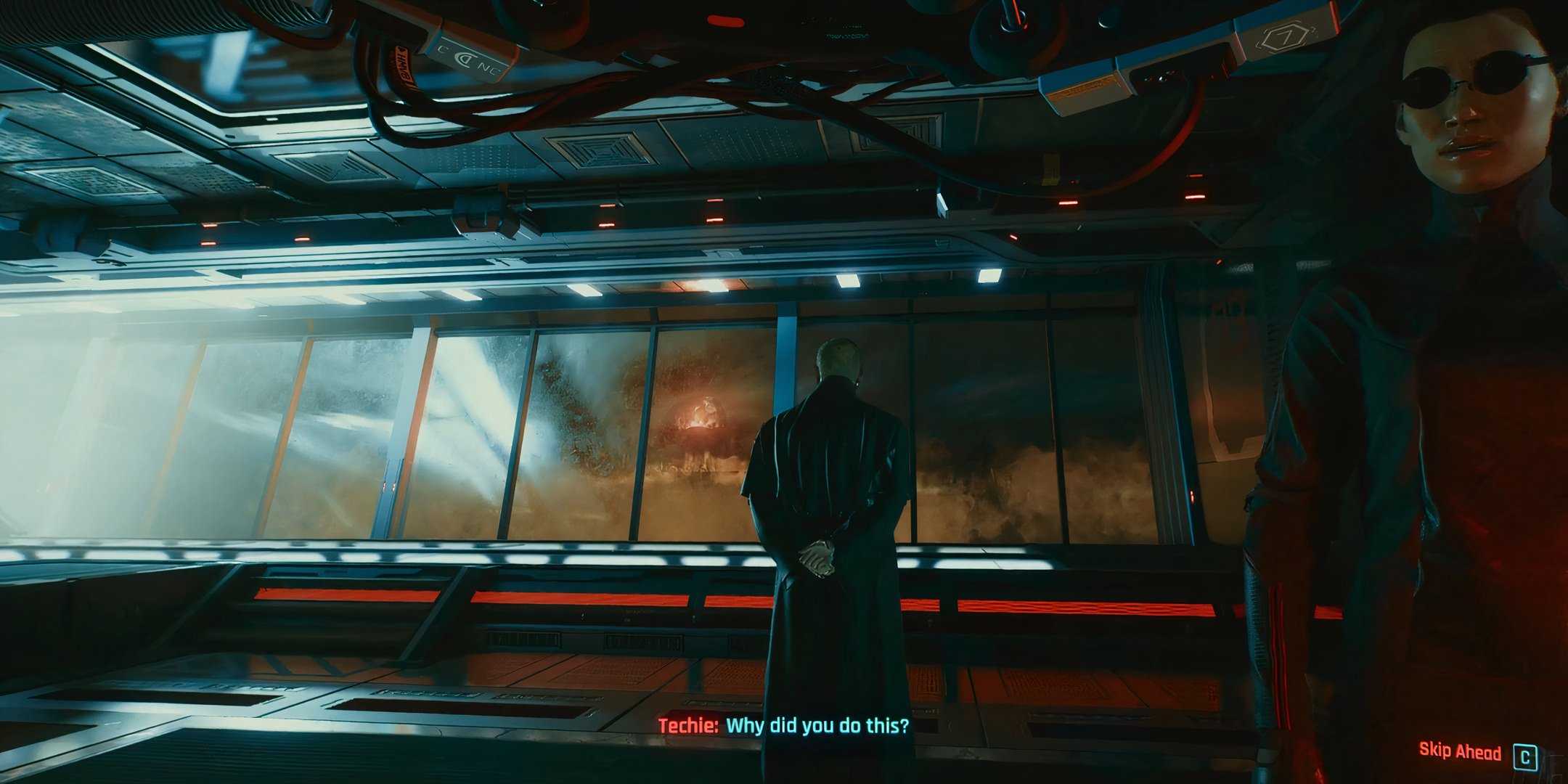 An Arasaka Techie talking to Johnny Silverhand in Cyberpunk 2077.