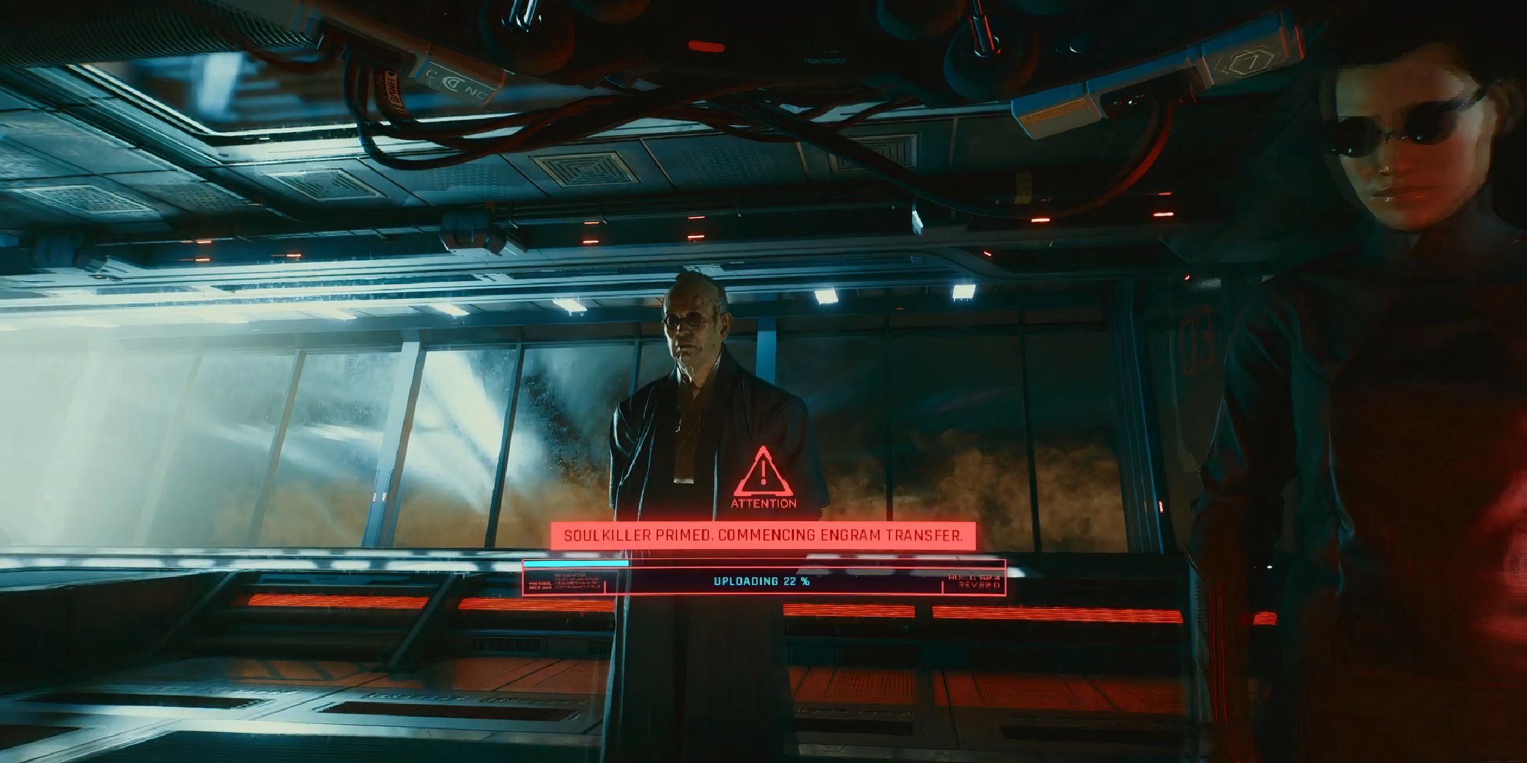Johnny Silverhand having his consciousness transferred to the Soulkiller engram in Cyberpunk 2077.