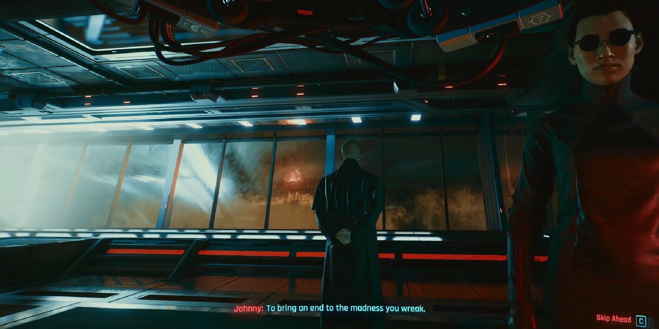 Johnny Silverhand talking to Saboru Arasaka in Arasaka Tower in Cyberpunk 2077.