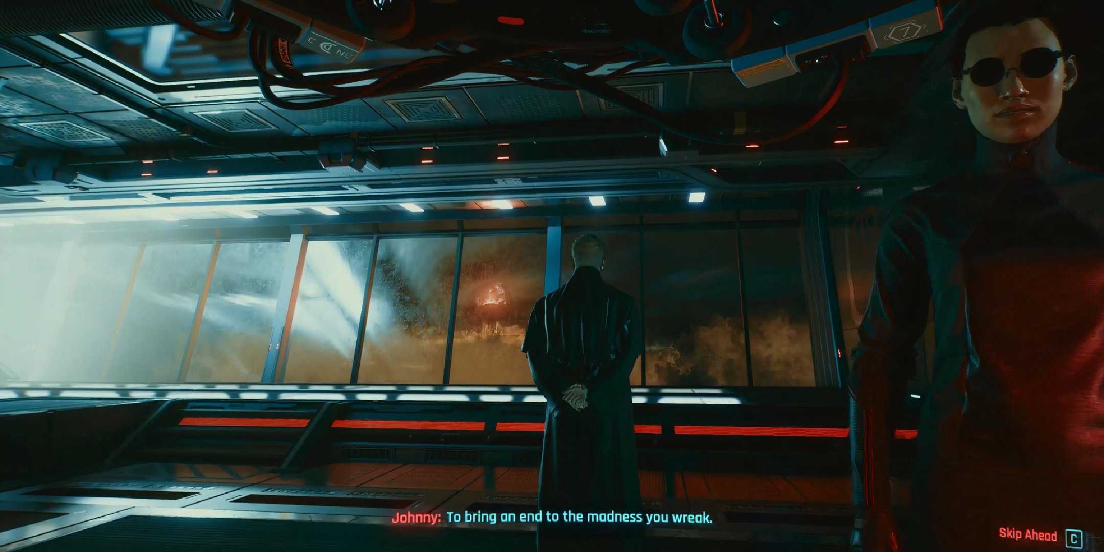 Johnny Silverhand talking to Saboru Arasaka in Arasaka Tower in Cyberpunk 2077.
