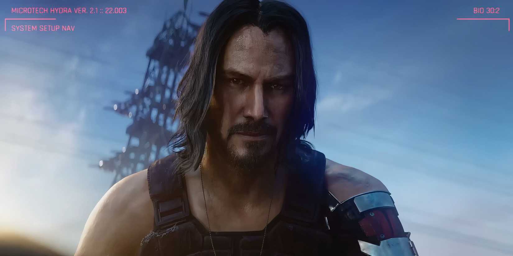 Johnny Silverhand crouching with the sky behind him from the 2019 E3 Cyberpunk 2077 Cinematic Trailer.