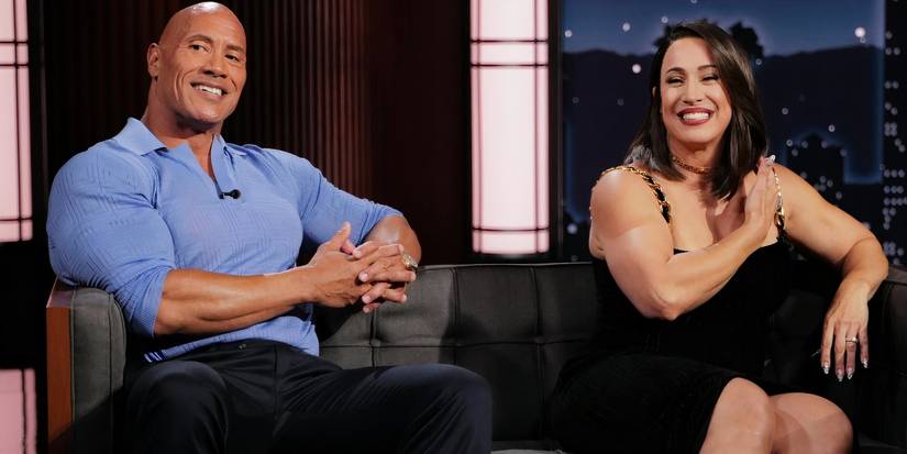 Dany Garcia sitting on a couch with ex-husband Dwayne Johnson on Jimmy Kimmel's show
