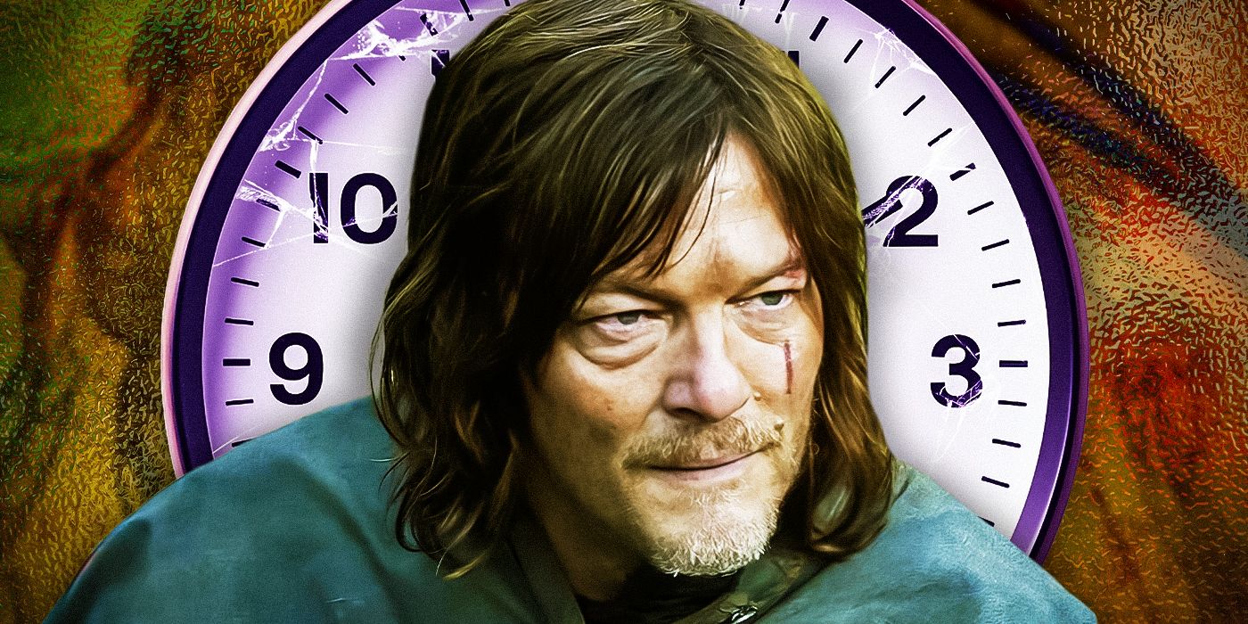 Norman Reedus as Daryl Dixon scowling in front of a clock