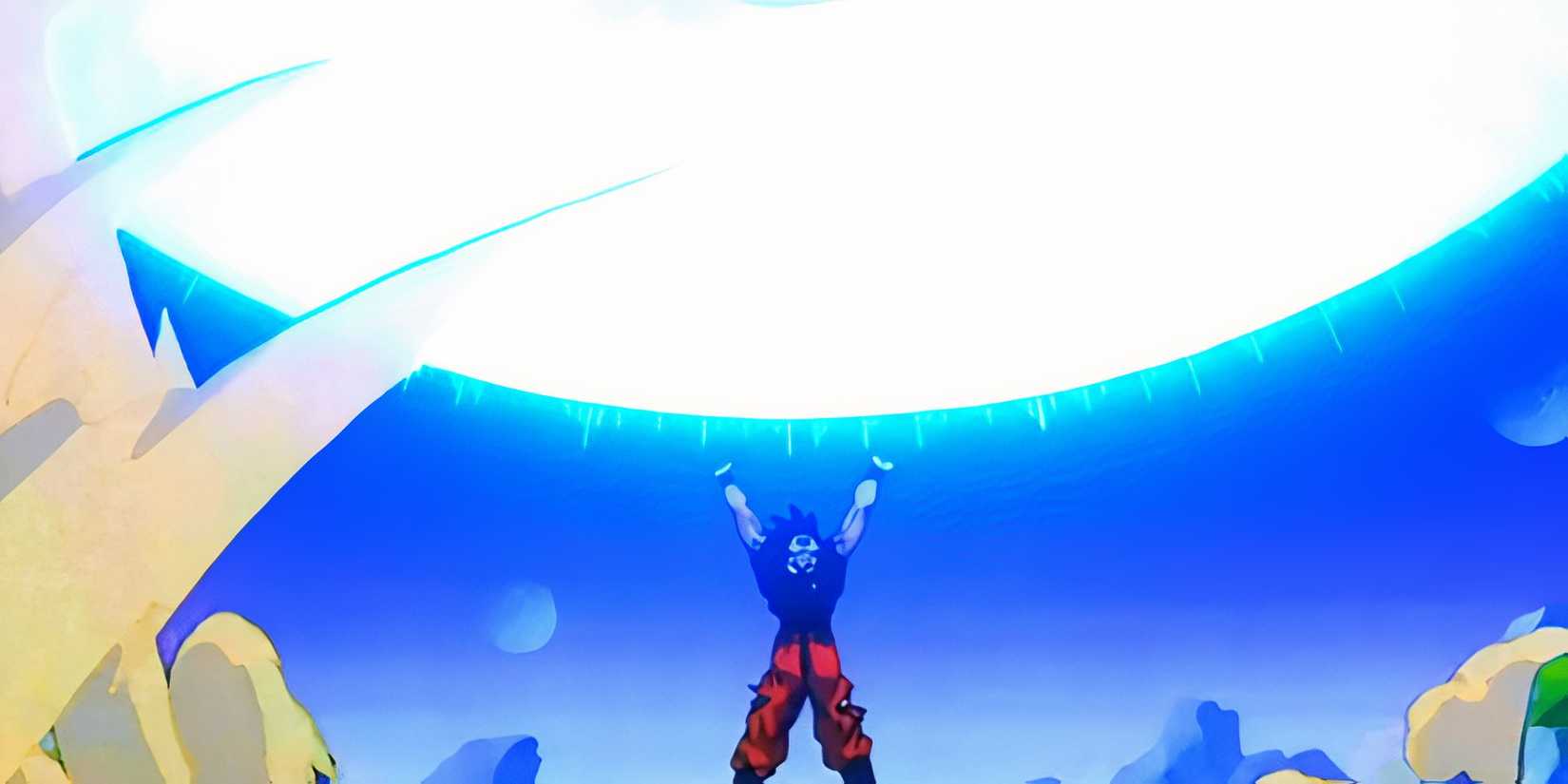 Goku holding up a massive spirit bomb in Dragon Ball Z.