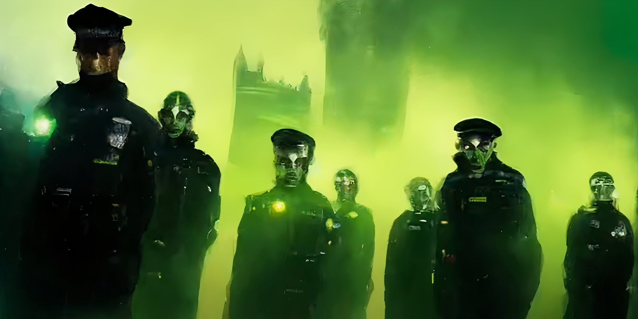 AI Generated police officers standing in a row from the Secret Invasion intro sequence.