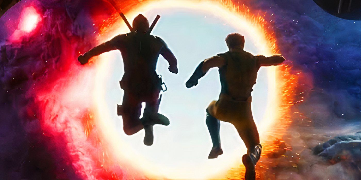 Deadpool and Wolverine jumping into a portal with Alioth in Deadpool & Wolverine