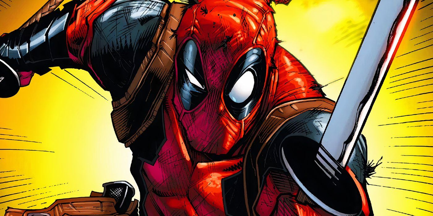 Deadpool leaping into action against a yellow backdrop.