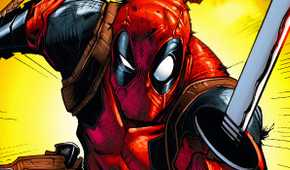 Deadpool leaping into action against a yellow backdrop.