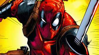 Deadpool leaping into action against a yellow backdrop.