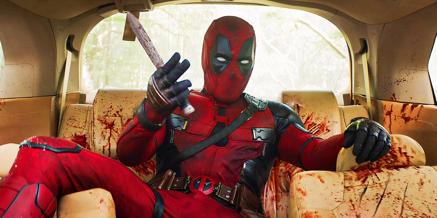 Deadpool sat in a car covered in blood in Deadpool & Wolverine