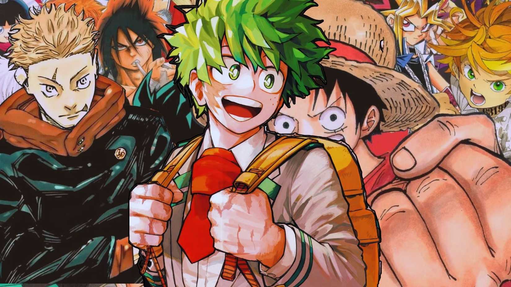 Deku de My Hero Academia au milieu avec d'autres personnages de Shonen Jump derrière lui