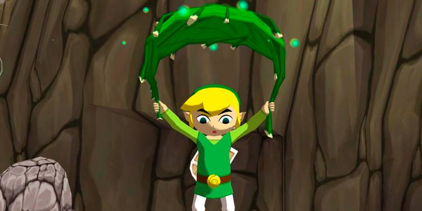 Link using the Deku Leaf in Dragoon Roost Island in The Legend of Zelda: The Wind Waker