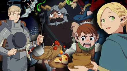לאיוס ומרצ'יל מ-Delicious in Dungeon מחזיקים כלי מטבח בזמן שסנשי וצ'ילצ'אק בורחים ממפלצת ברקע
