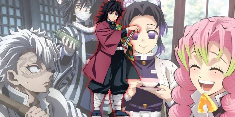 A collage of the Hashira's Obanai and Samia together outside a building with Giyu overlapping them, followed by Shinobu and Mitsuri smiling and eating together