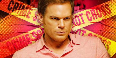 Michael C. Hall as Dexter Morgan softly smirking in front of crime scene tape