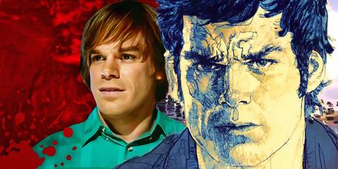 Michael C. Hall as a young Dexter Morgan next to a watercolor painting of Dexter's face in Dexter Early Cuts