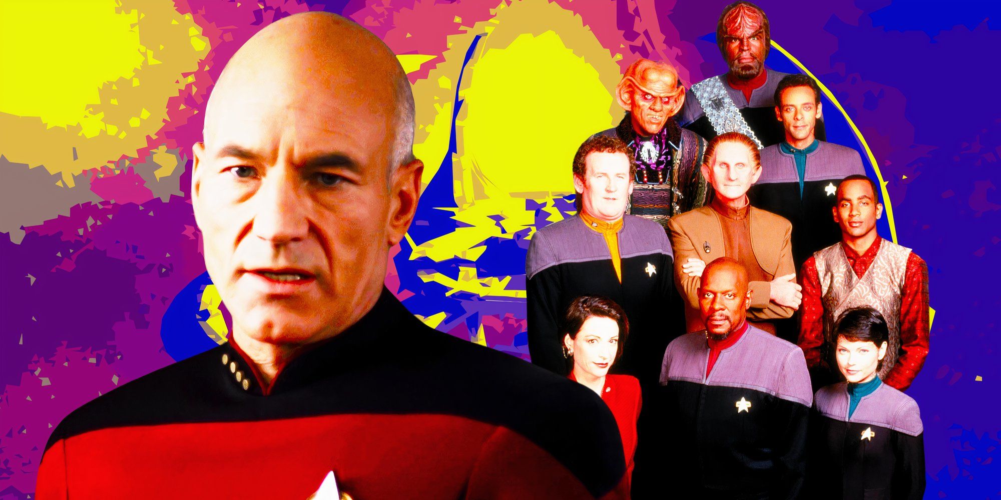 Patrick Stewart as Captain Picard and the cast of Star Trek: DS9