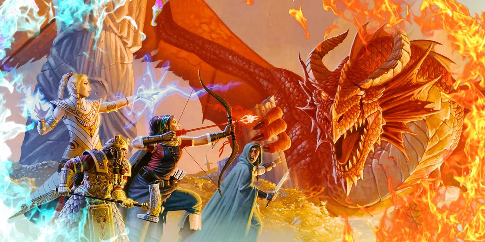 A Dungeons & Dragons party fighting a large dragon.