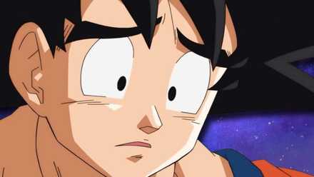 Goku looking sad on a starry background.