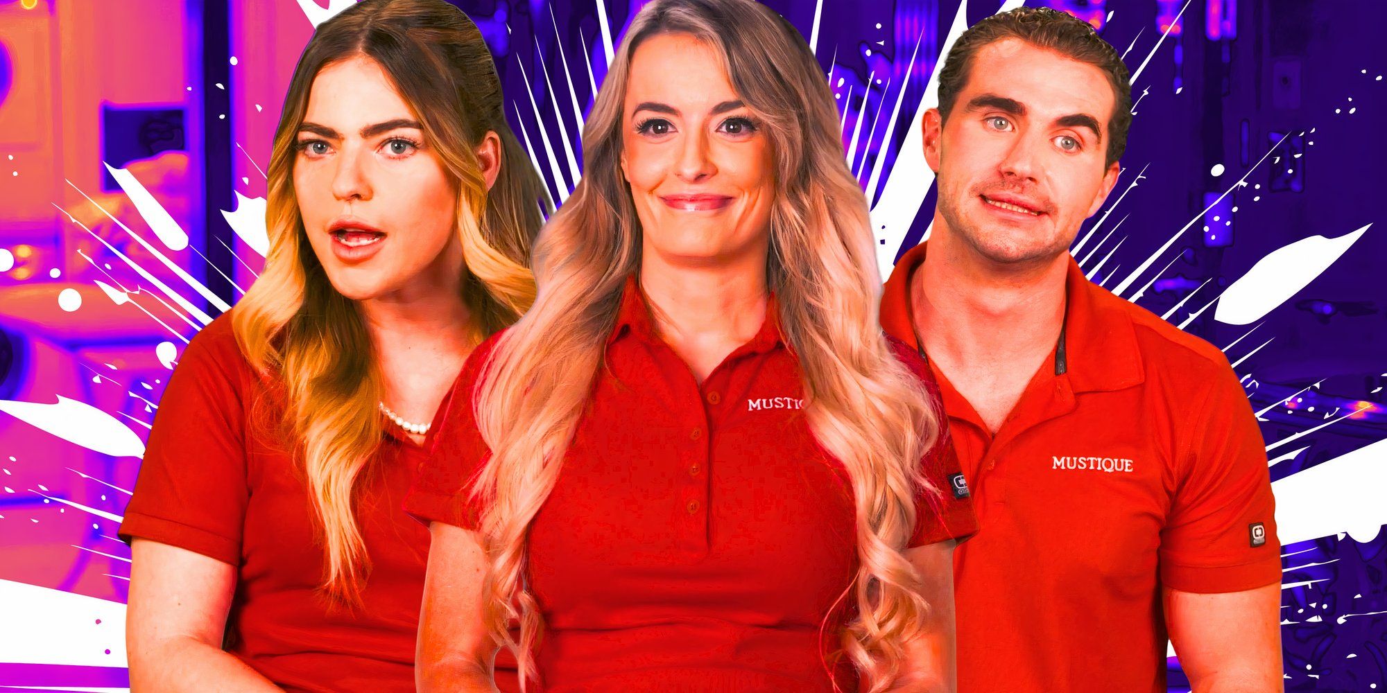  a montage of Bri and Ellie with Joe in the background and all in red uniforms with purple, blue, and white background