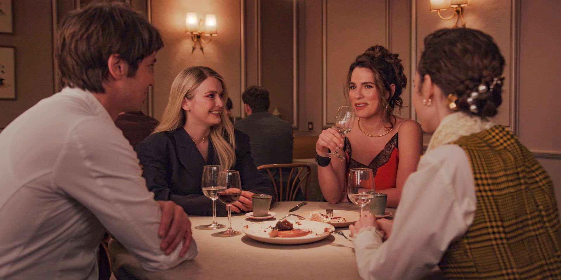 Gabriel, Camille, Sofia and Emily having a double date in Emily in Paris Season 4