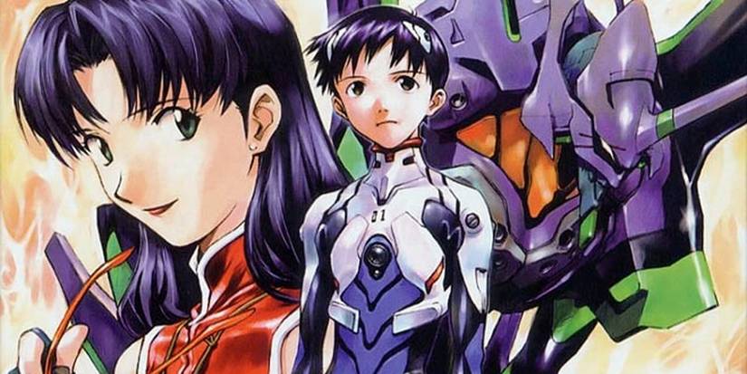 Shinji em primeiro plano com Misato e Unidade 01 ao fundo atrás dele.