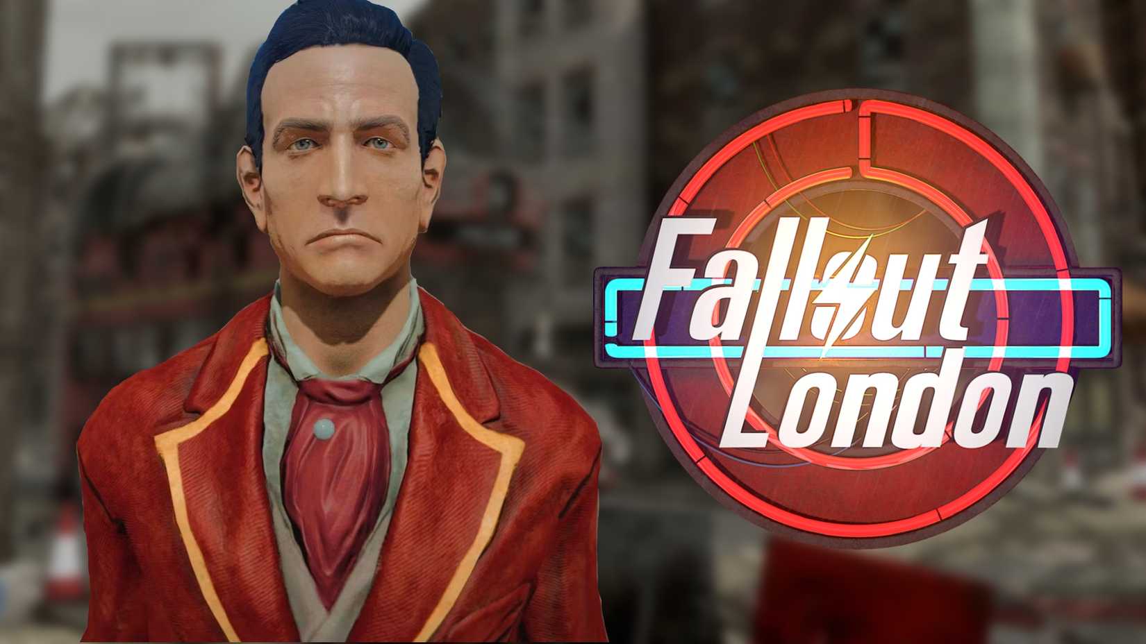 Tenpenny from Fallout London stands against a blurred backdrop of apocalyptic London with the Fallout London logo beside him.