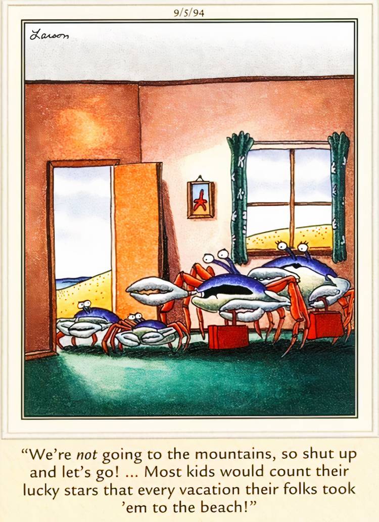 Far Side, משפחת סרטנים הולכת לים בחופשה.